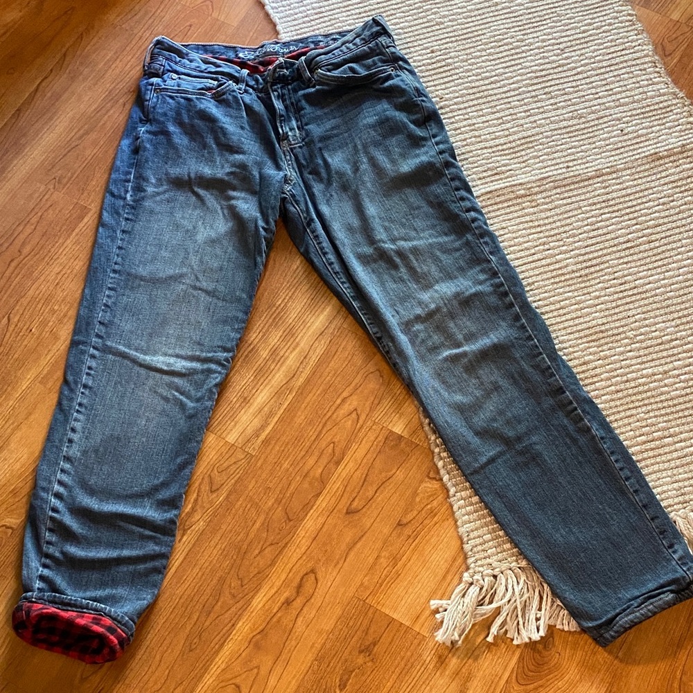 EDDIE BAUER Blue Jeans with Red Black Plaid Lining 4